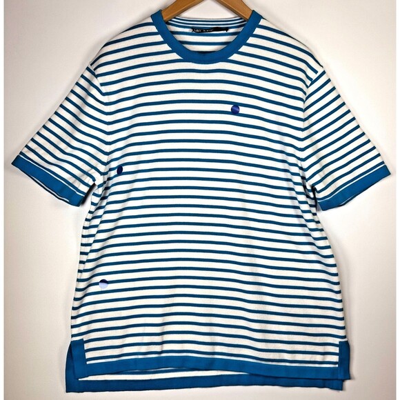 Mr Turk Knit Tee Mens M/L Blue White Striped Crewneck Short Sleeve Resort - Picture 10 of 13